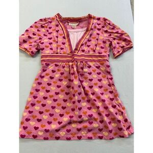Knit Werks Girls Pink Heart Print Tunic Top Empire Waist Size L 14 Short Sleeve